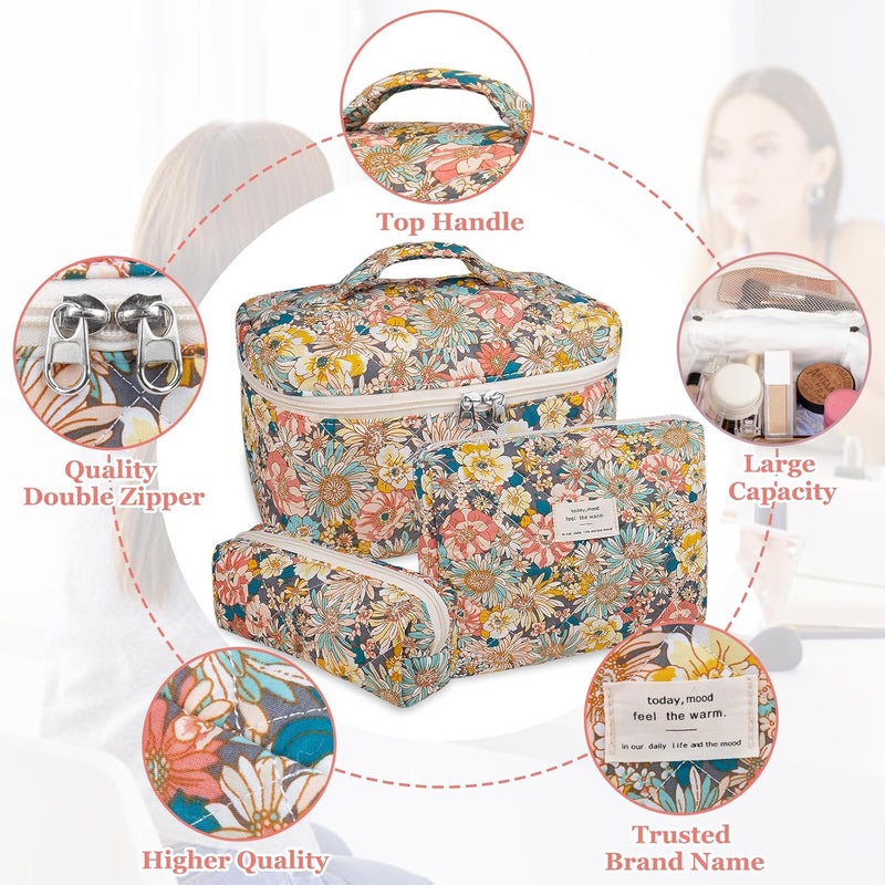 Gosect Makeup Bag Set, Quilted Makeup Bag, Large Floral Cosmetic Bag for Women, Cute Cotton Makeup Bags, Flower Travel Toiletry Organizer Bag (South Twigs Flower) - Image 3